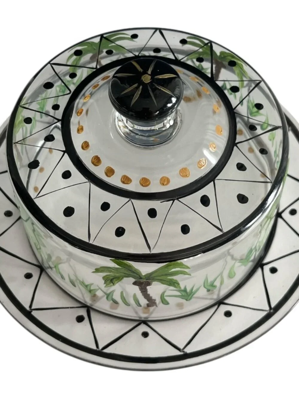 Hand Painted Glass Cheese Dome & Plate Palm Tree Design Black Gold Accents VTG